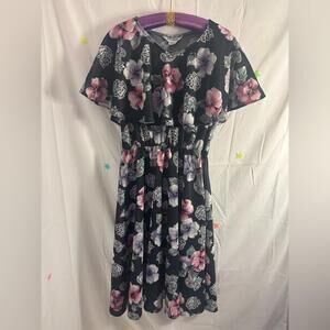 VTG 70s/80s Black Floral Boho Whimsigoth Flutter Sleeve Midi Dress Size XL